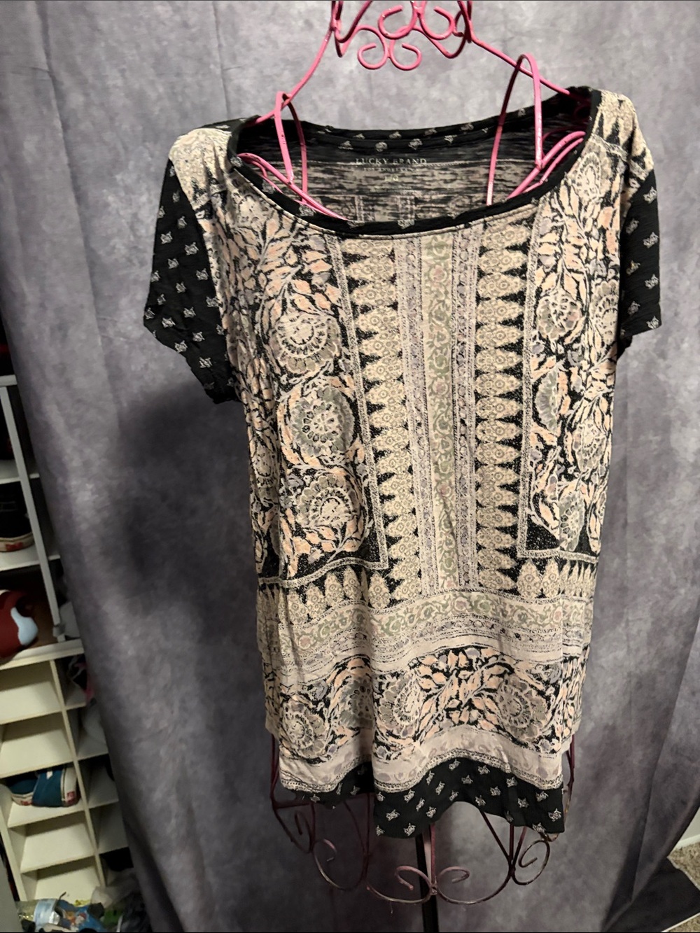 Lucky Brand Black & Cream Boho Printed Short Sleeve Tunic